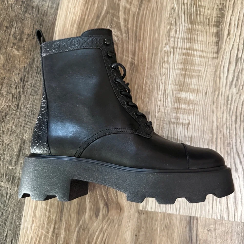 NEW Tory Burch Lug Ankle Boot Womens 9 Black T Monogram Vachetta Leather 178112